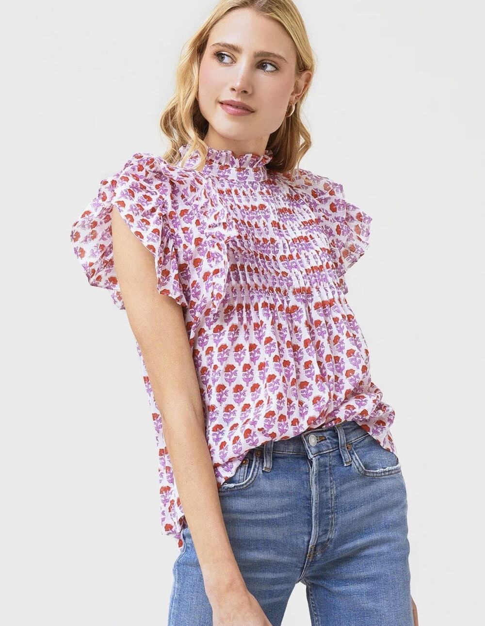 $168 Oliphant Pintuck Ruffle Top Blouse Shirt Cotton Pink Pattern Sz XS